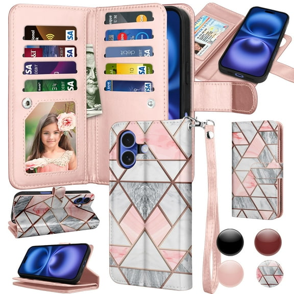 Tiflook Wallet Case for iPhone 17 6.3" 5G 2025, PU Leather ID Cash Credit Card Slots Holder Carrying Pouch Folio Flip Cover [Detachable Magnetic Hard Cases] Lanyard - Marble