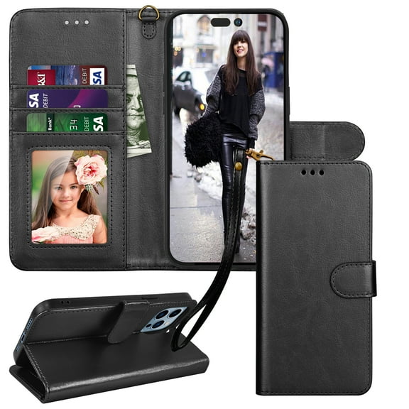 Tiflook For iPhone 13,14,14 Pro,14 Plus,14 Pro Max Case,Wallet Case,iPhone 14 Plus PU Leather Case, Luxury PU Leather ID Card Holder Slots [Kickstand Feature] [Wrist Strap] Carrying Flip Cover [Black]