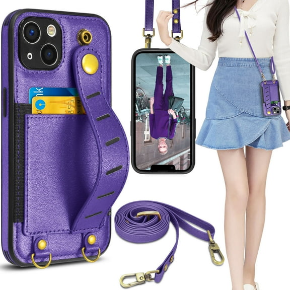 Tiflook iPhone 13 (6.1 inch) 2021 Wallet Case PU Leather Wristlet Card Holder Slot Carrying [Removable Crossbody Strap] Purse Cover Purple