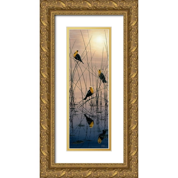 Tift, Jeff 13x32 Gold Ornate Wood Framed with Double Matting Museum Art Print Titled - Morning Call - Yellow Headed Blackbirds