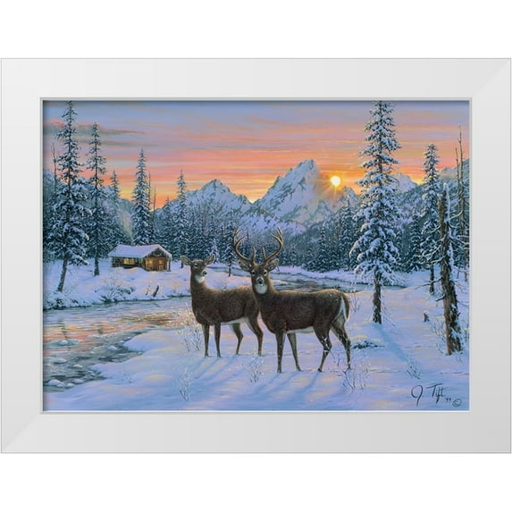 Tift, Jeff 32x24 White Modern Wood Framed Museum Art Print Titled - Whitetail And Cabin