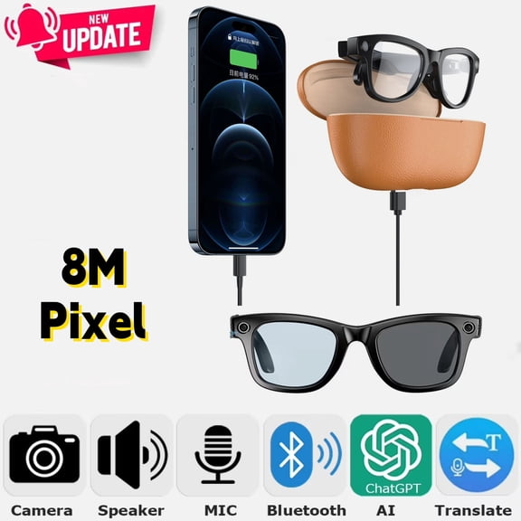 Tigebraver 2026 AI Smart Glasses With Charging Case, 8MP HD Camera & 1200P/4K Video, ChatGPT Photo Recognition & Q&A, Real-Time Translation (140 Languages), Bluetooth Calling