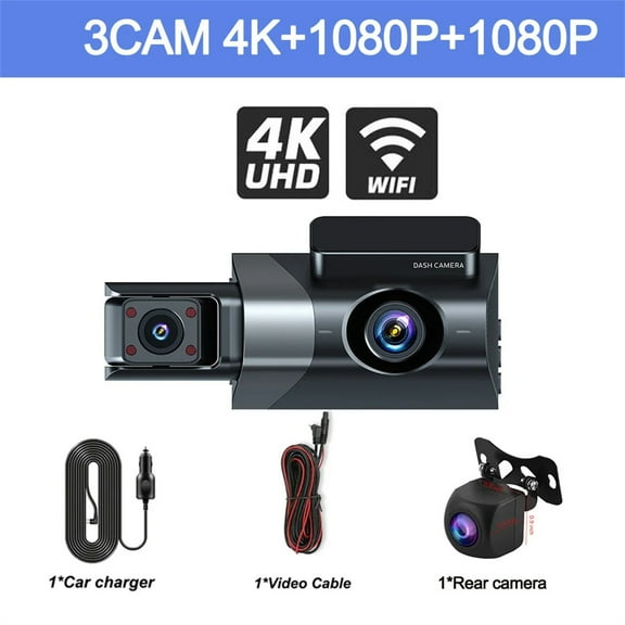 Tigebraver 3 Channel Dash Cam Front and Rear Inside Wifi Dash Car Camera with 24h Parking Mode Black Box Video Recorder Dashcam
