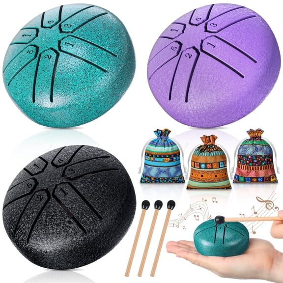 Tigebraver 3 Pcs Rain Drum For Outdoor Garden, Steel Tongue Drum 3 Inch 6 Notes Musical Instruments With Cloth Bags & Mallets, Chakra Tongue Instrument (Green, Purple, Black)