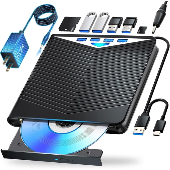 Tigebraver 7-in-1 External Blu-ray Drive, Blu-ray Burner Read/Write with USB 3.0 & Type-C, M-DISC Compatible BD/DVD/CD Drive for Windows 7-11 & Mac OS, Black
