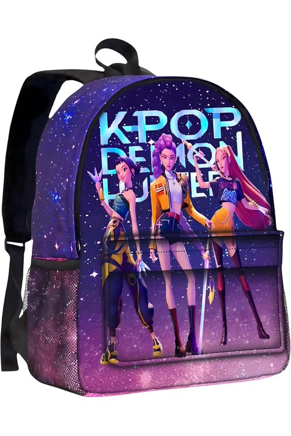 Anime-Inspired Galaxy Design Backpack, Purple Starry Night Theme School Bag With Animated Characters
