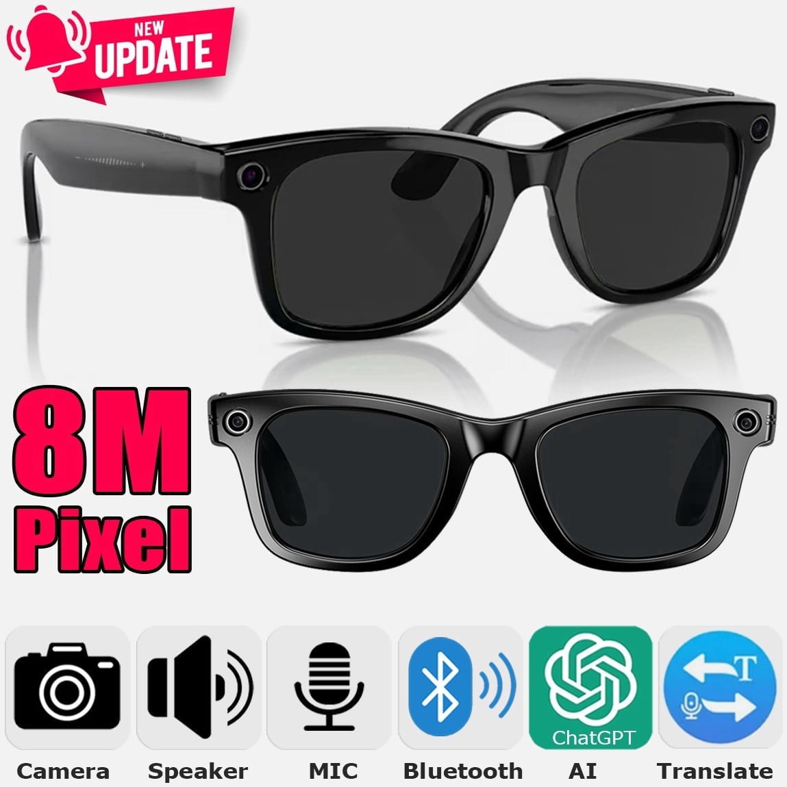 Tigebraver Smart Glasses With 8MP HD Camera, ChatGPT AI Photo ...