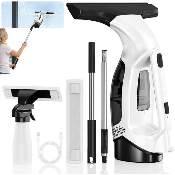 Tigebraver Window Vacuum Squeegee With Extendable Pole 31-40", 2000Pa Electric Window Cleaning Tool With 2200mAh Battery & 150ml Tank For Shower Glass & Window Cleaning (White)