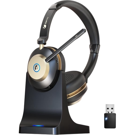 Tigebraver Wireless Headset Bluetooth 5.3 with Noise Canceling Mic & USB Dongle, 50Hrs Wireless Headphones with Mute & Charge Dock for Call Laptop Computer Phone Teams Office Remote Work, Black