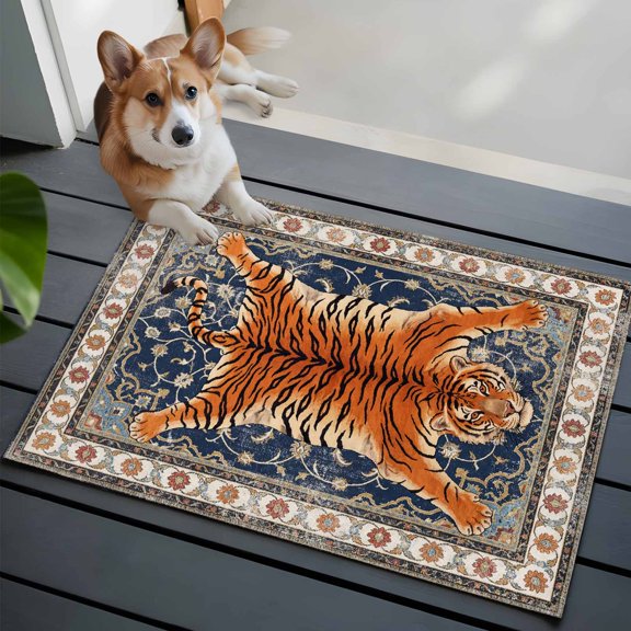 Tiger 2x3 Area Rugs for Living Room, Bohemian Modern Animal Print Blue Red Floral Texture Non Slip Floor Mat Washable Low-Profile Indoor Carpet for Bedroom, Dining Room, Bathroom