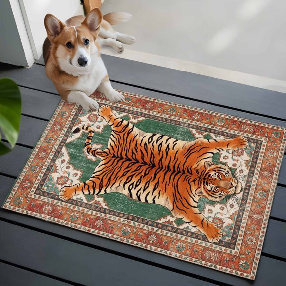 Tiger 2x3 Area Rugs for Living Room, Bohemian Modern Animal Print Orange Green Floral Texture Non Slip Floor Mat Washable Low-Profile Indoor Carpet for Bedroom, Dining Room, Bathroom