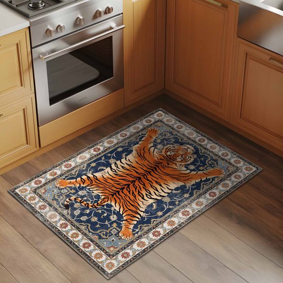 Tiger 2x3 Rug for Entryway Front Door Kitchen Sink Area, Bohemian Modern Animal Print Blue Red Floral Texture Low Pile Washable Non Slip Rectangle Area Rug