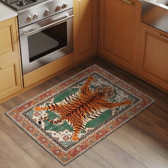 Tiger 2x3 Rug for Entryway Front Door Kitchen Sink Area, Bohemian Modern Animal Print Orange Green Floral Texture Low Pile Washable Non Slip Rectangle Area Rug