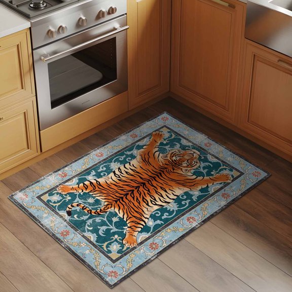 Tiger 2x3 Rug for Entryway Front Door Kitchen Sink Area, Bohemian Modern Animal Print Teal Green Floral Texture Low Pile Washable Non Slip Rectangle Area Rug