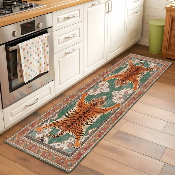Tiger 2x6 Runner Rug for Hallway Walkway Kitchen Galley, Bohemian Modern Animal Print Orange Green Floral Texture Low Pile Washable Non Slip Long Area Rug