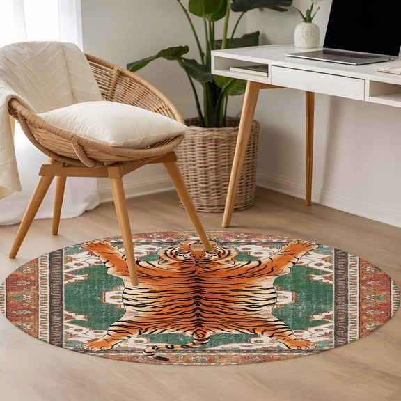 Tiger 3.3ft Round Rug for Bedroom Reading Corner, Bohemian Modern Animal Print Orange Green Floral Texture Washable Non Slip Circle Area Rug