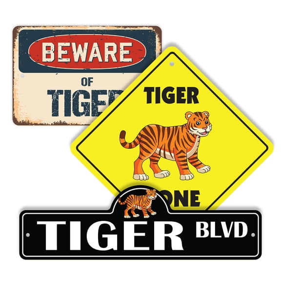 Tiger (3 Pack) Plastic Street Sign Crossing Sign Warning Sign Vintage Rustic Beware Warning Xing Animal Wildlife Nature Predator Exotic Zoo Stripes Cute Decor Outdoors Jungle Symbol