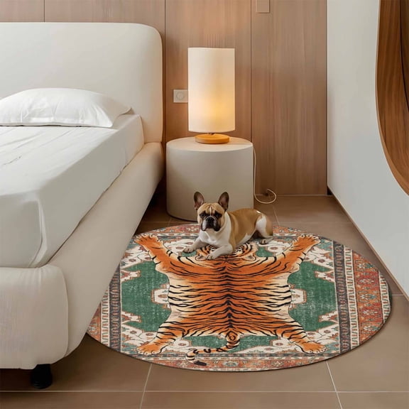 Tiger 3ft Round Rug for Bathroom Accent Bedside Corner, Bohemian Modern Animal Print Orange Green Floral Texture Washable Non Slip Circle Area Rug for Small Spaces
