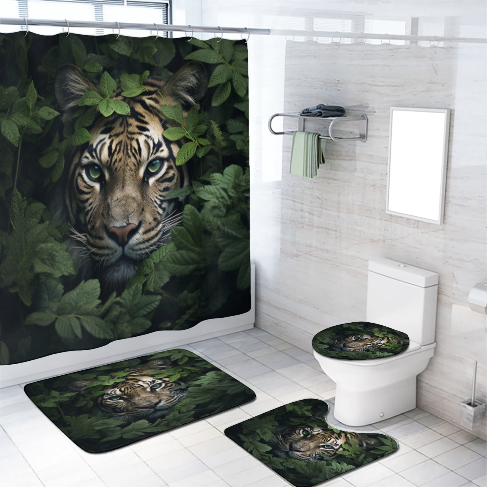 Tiger 4 Pcs Shower Curtain Set Wild Animal Tropical Rainforest Jungle Scenic Green Leaves Waterproof Fabric Cloth Bath Curtain, Non-Slip Bathroom Rugs Bath Mats, 72x72 Inch