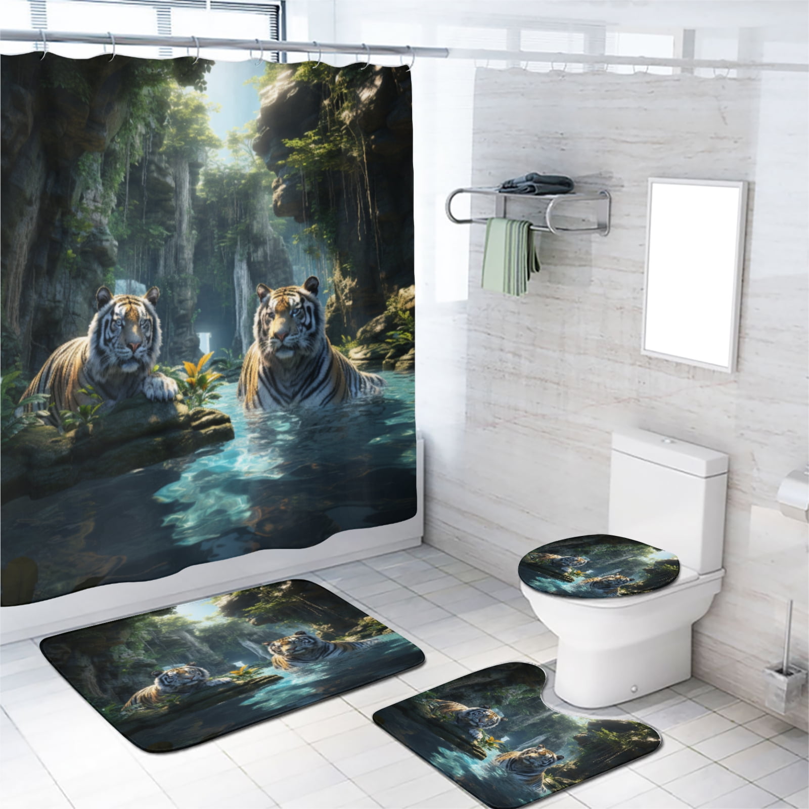 Tiger 4 Pieces Shower Curtain Set with Non-Slip Rug Forest Waterfall Wildlife Wild Animal Nature Scenery Jungle with Non-Slip Rugs Toilet Lid Cover and Bath Mat Bathroom Decor Set, 72x72 Inch