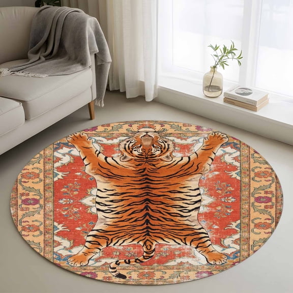 Tiger 4FT Round Area Rugs Bohemian Modern Animal Print Red Orange Floral Texture Soft Small Round Rug Non-Slip, Ultra-Thin Indoor Circle Carpet for Bedroom Entryway Kitchen Bathroom