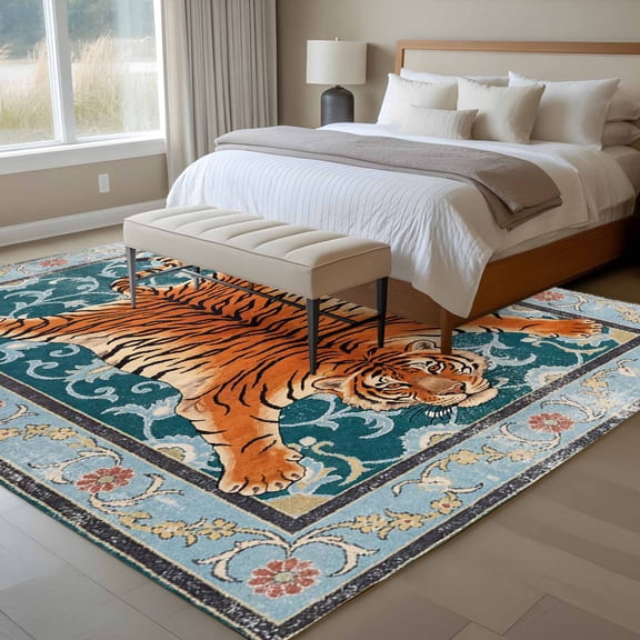 Tiger 6x9 Rug for Dining Room Table and Chair Setup, Bohemian Modern Animal Print Teal Green Floral Texture Low Pile Washable Non Slip Rectangle Area Rug