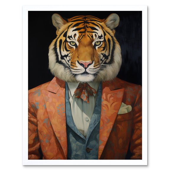 Tiger About Town Artwork Coral Pink and Cerulean Blue Suit Conceptual Portrait Artwork Art Print Framed Poster Wall Decor 12x16 inch