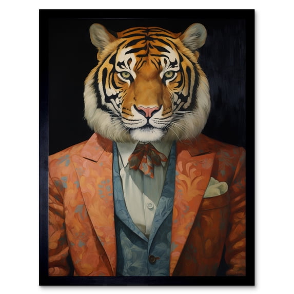 Tiger About Town Artwork Coral Pink and Cerulean Blue Suit Conceptual Portrait Artwork Art Print Framed Poster Wall Decor 12x16 inch