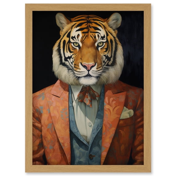 Tiger About Town Artwork Coral Pink and Cerulean Blue Suit Conceptual Portrait Artwork Framed Wall Art Print A4