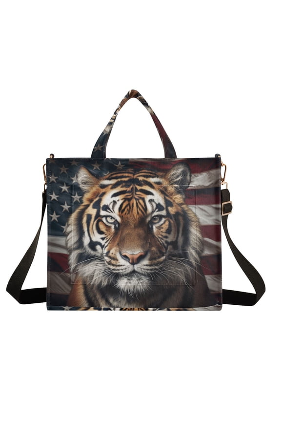 Tiger American Flag Corduroy Tote Bag Handbag Large Messenger Bag Shoulder Crossbody Zipper Bag Purse