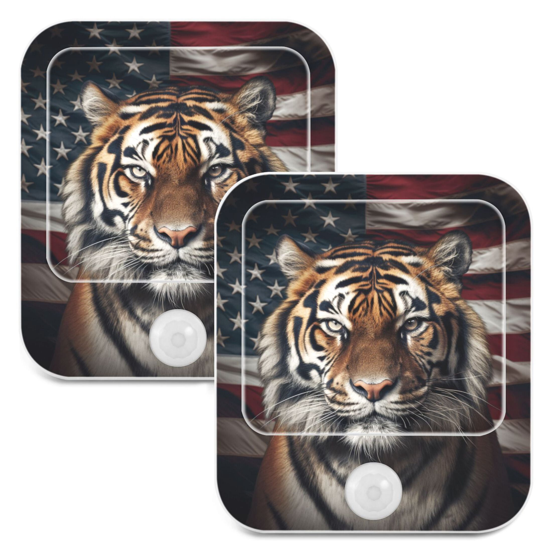 Tiger American Flag Night Lights Plug into Wall LED with Auto Light Sensor Warm Light for Kids Hallway Bedroom Living Room Kitchen Bathroom Set of 2