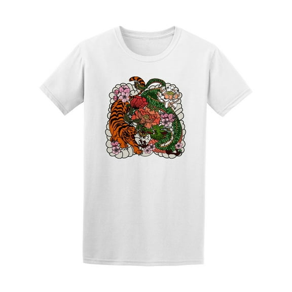 Tiger And Dragon Fighting Tattoo T-Shirt Men -Image by Shutterstock, Male Small
