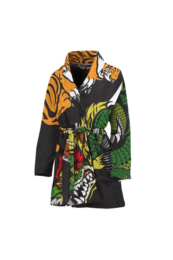 Tiger And Dragon Yin Yang Women Bathrobe One Size Univeral Fits, Dragons Fashion Lightweight Plush Fleece Long Robe For Women
