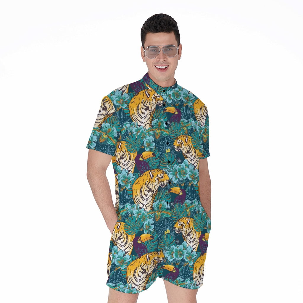 Patchwork Tropical Toucan Print Men's Short Sleeve Shirt