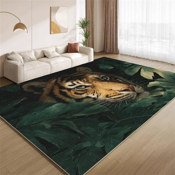 Tiger Animal Area Rugs, Tropical Green Leaf Pattern Carpet, Washable Non Slip Low Pile Soft Rug for Living Room Bedroom Decor Mat 5ftx8ft