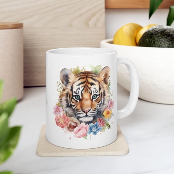 Tiger Animal Floral Ceramic Mug Watercolor Flower Tiger Coffee Cup Wild Lover Gift Nature Art Mug Cute Animal Art Mug.