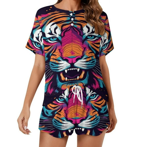 Tiger Animal Graffiti 2 Pack Women’s Pajama Set Print Sleepwear And Shorts Y2k Loungewear Sets S-5XL