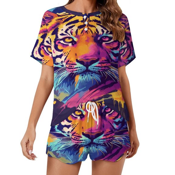 Tiger Animal Graffiti 2 Pack Women’s Pajama Set Print Sleepwear And Shorts Y2k Loungewear Sets S-5XL