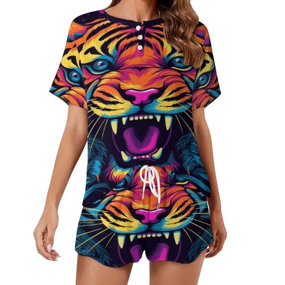 Tiger Animal Graffiti 2 Pack Women’s Pajama Set Print Sleepwear And Shorts Y2k Loungewear Sets S-5XL