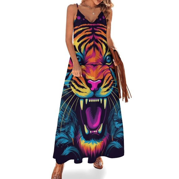 Tiger Animal Graffiti Design Sleeveless Dress Woman Fashion Long Dresses Women's Summer Suit Dress 2025