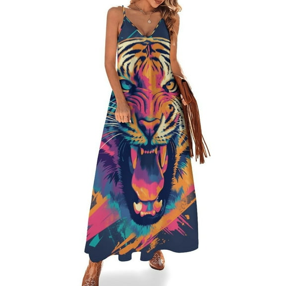Tiger Animal Graffiti Design Sleeveless Dress Woman Fashion Long Dresses Women's Summer Suit Dress 2025