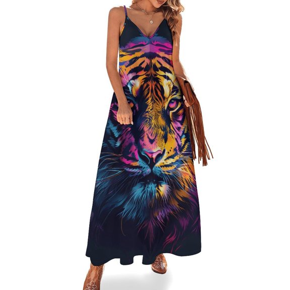 Tiger Animal Graffiti Design Sleeveless Dress Woman Fashion Long Dresses Women's Summer Suit Dress 2025