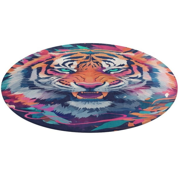 Tiger Animal Graffiti Floral Medallion Round Rug - Small Round Area Rug, Soft Non-Slip Machine Washable Bedroom Mat Indoor Accent Entry Carpet for Office Desk Dorm Hallway