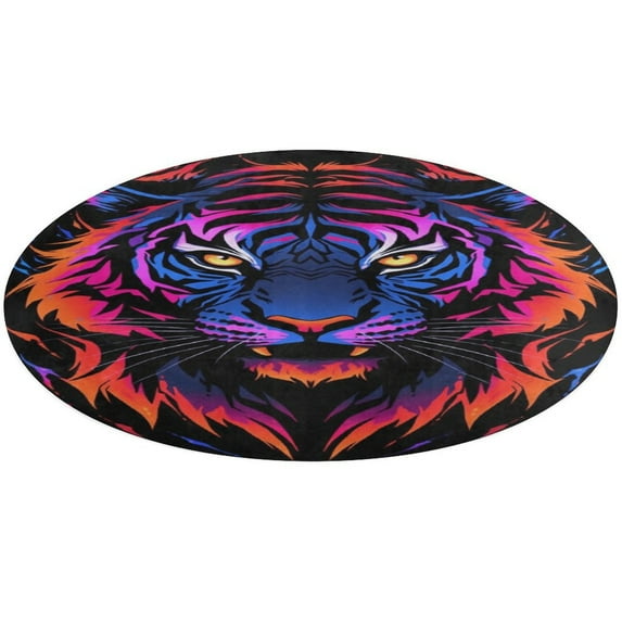 Tiger Animal Graffiti Floral Medallion Round Rug - Small Round Area Rug, Soft Non-Slip Machine Washable Bedroom Mat Indoor Accent Entry Carpet for Office Desk Dorm Hallway