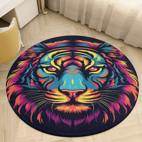 Tiger Animal Graffiti Floral Medallion Round Rug - Small Round Area Rug, Soft Non-Slip Machine Washable Bedroom Mat Indoor Accent Entry Carpet for Office Desk Dorm Hallway