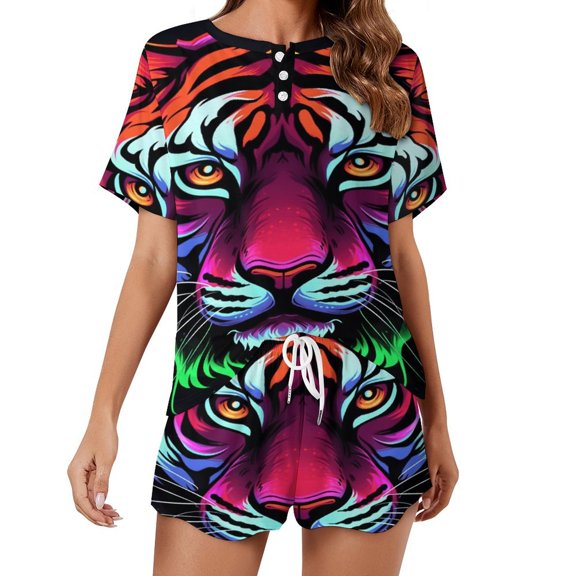 Tiger Animal Graffiti Pajama Set for Women 2 Piece Sleepwear Loungewear Short Sleeve
