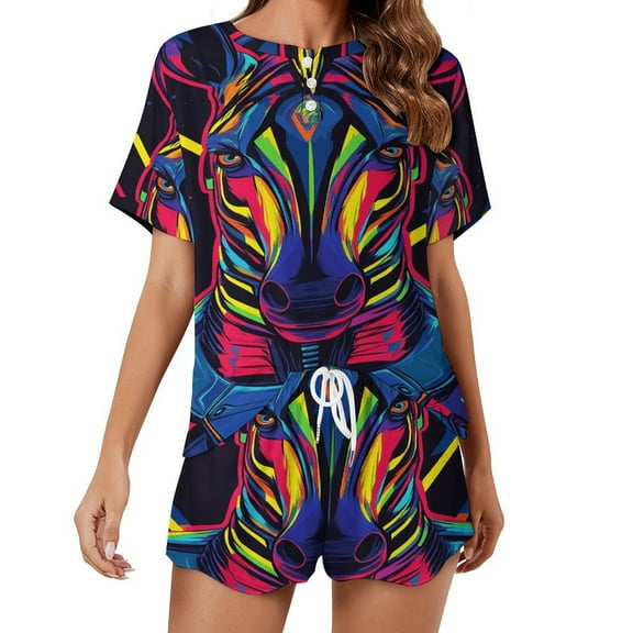 Tiger Animal Graffiti Pajama Set for Women 2 Piece Sleepwear Loungewear Short Sleeve