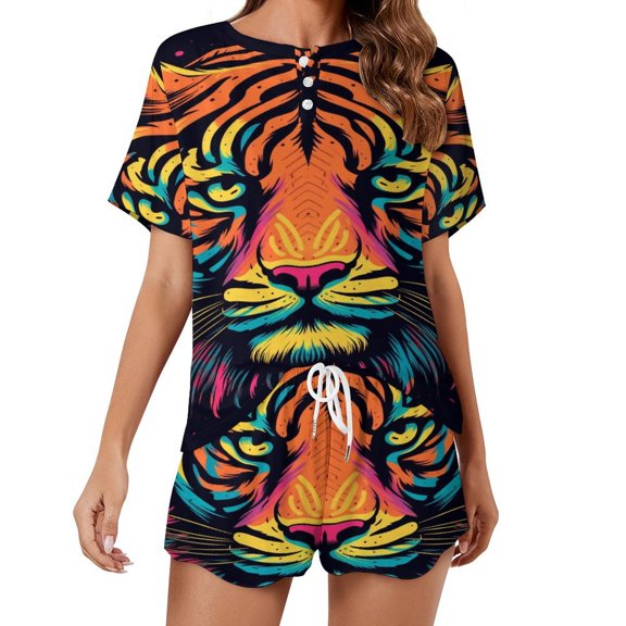 Tiger Animal Graffiti Pajama Set for Women 2 Piece Sleepwear Loungewear Short Sleeve