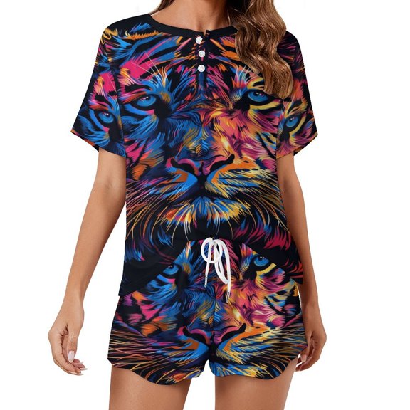 Tiger Animal Graffiti Pajamas Set Womens Loungewear Sleepwear 2 Piece PJ Sets
