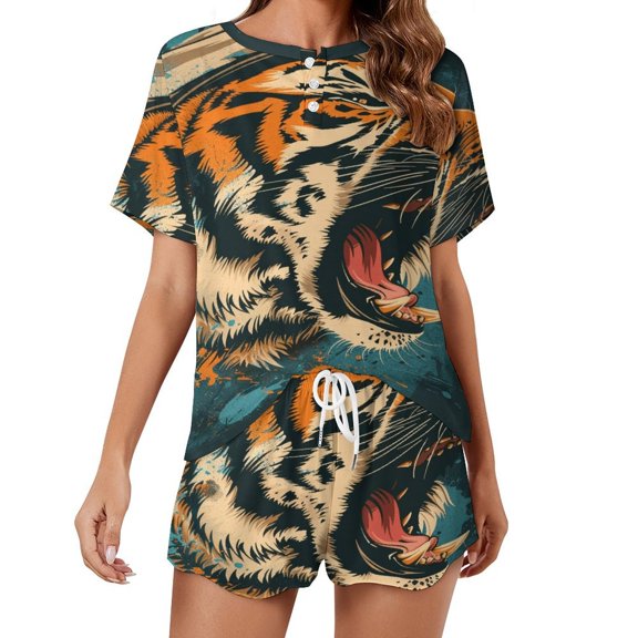 Tiger Animal Graffiti Pajamas Set Womens Loungewear Sleepwear 2 Piece PJ Sets